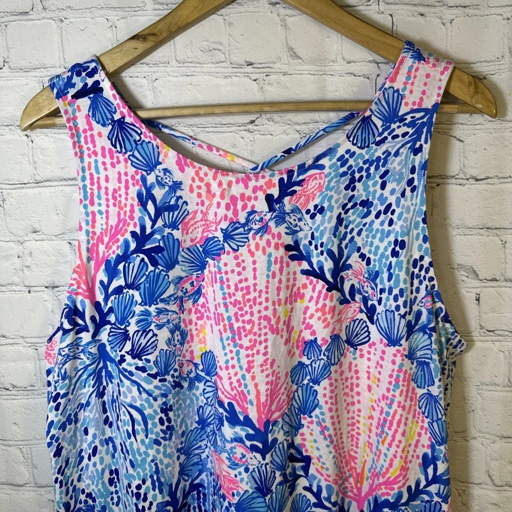 Lilly Pulitzer XL Kristen Swing Dress Blue Tropical Pima Cotton Strappy Back - Picture 2 of 11